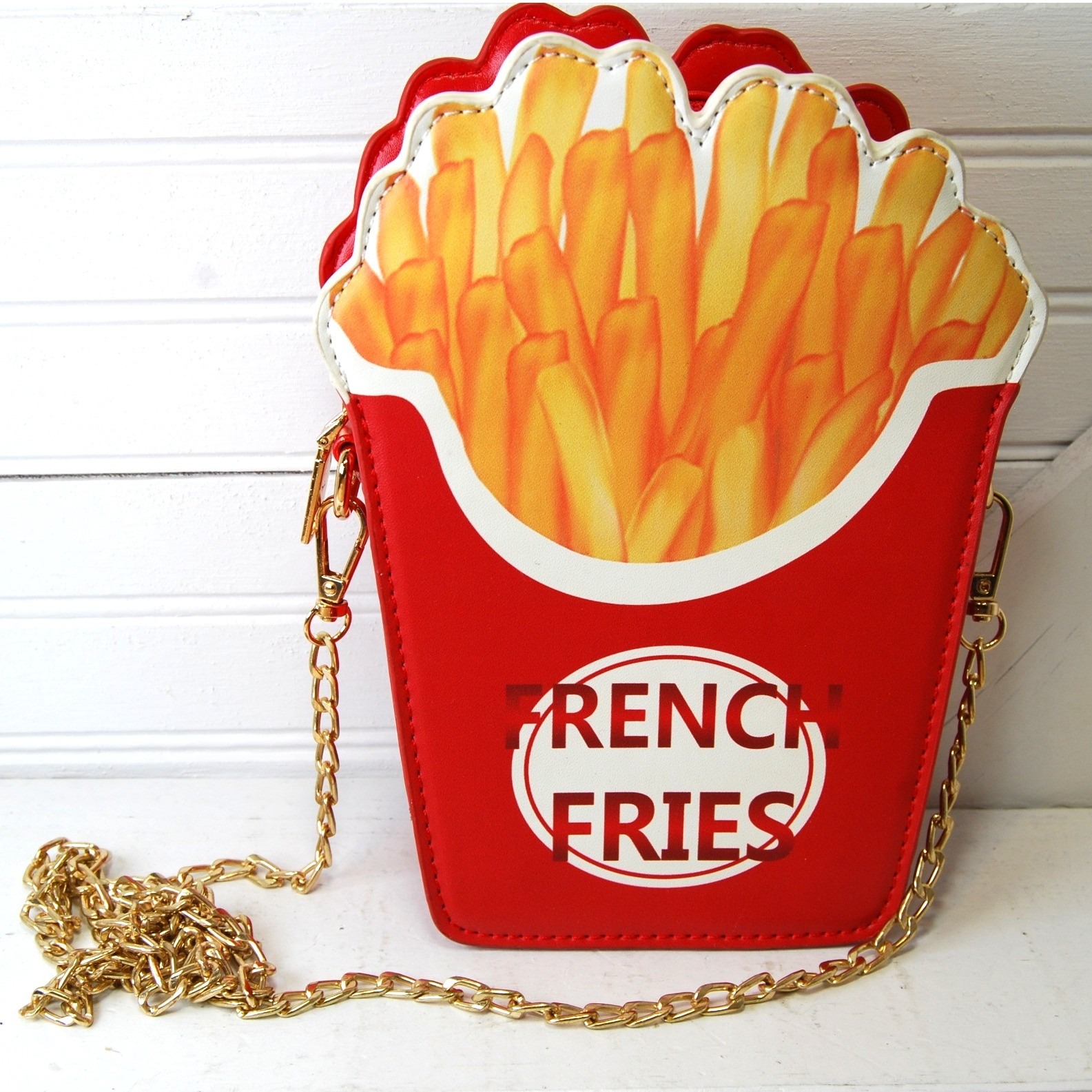Bam Forever French Fries Crossbody Bag Faux Leather Purse Gold Tone Chain Strap